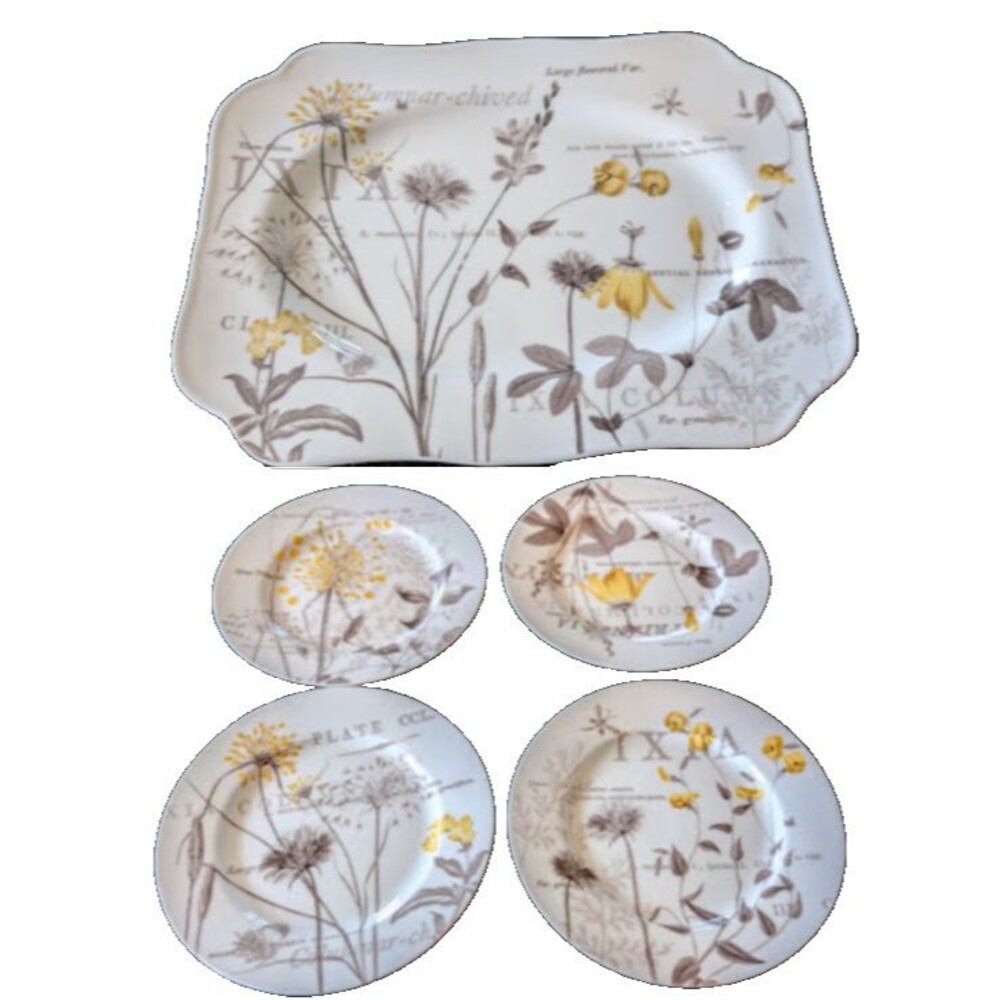 Rosanna Les Fleurs Du Bois 10x7.5" Serving Tray + 4 8-Inch Rimmed Plates OS